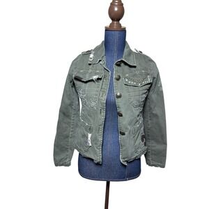 Miss Me Military Jacket Small Green Distressed Studded Rhinestone Flour De Lis